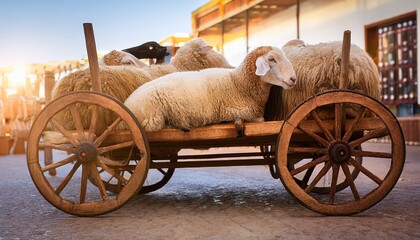 sheep lying on wooden cart at eid al adha market
