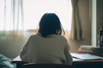 窓からの光と机に向かう人物の後ろ姿