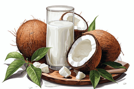 Coconuts watercolor sketch. Fresh Cocos nuts and leaves colorful watercolor paint isolated on white background, coconut ingredients painted drawing, coco color vector illustration
