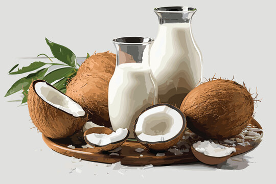 Coconuts watercolor sketch. Fresh Cocos nuts and leaves colorful watercolor paint isolated on white background, coconut ingredients painted drawing, coco color vector illustration