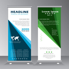Business Roll up banner vertical template design with blue and green color, for brochure, business, flyer, infographics. modern x-banner and flag-banner advertising. vector illustration, eps file