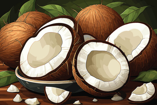 Coconuts watercolor sketch. Fresh Cocos nuts and leaves colorful watercolor paint isolated on white background, coconut ingredients painted drawing, coco color vector illustration