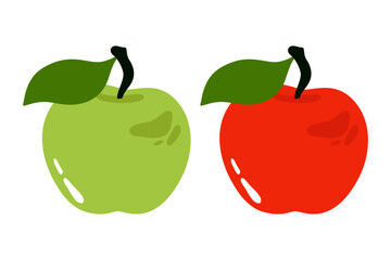 Red and green apples. Fresh fruit with leaves and seeds, sweet ripe dessert ingredient, smooth juicy apple flat cartoon style, vegetarian healthy food. Vector abstract set