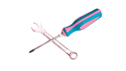 Pink and Blue Screwdriver Crossed with Chrome Wrench