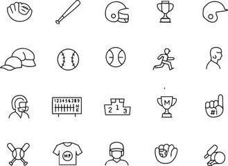 Baseball Vector Icon Set. Ball, glove, bat, helmet, cleats, field, cap, scoreboard, pitcher, catcher, team, stadium icons