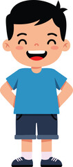 Fototapeta premium Happy smiling boy wearing blue t-shirt and shorts standing with hands behind back cheerful expression vector illustration 
