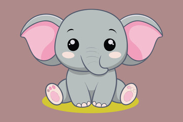 Naklejka premium Cute Cartoon Elephant Sitting Down with Big Eyes and Pink Ears