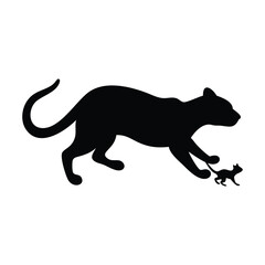 Black silhouette of a mother cat playing with its kitten isolated on white background