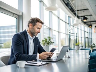 Man in suit using smartphone next to laptop in bright modern space with large windows and coffee cup ai genrated