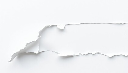Obraz premium Torn edge of white paper strip, revealing frayed fibers, tear, fragile