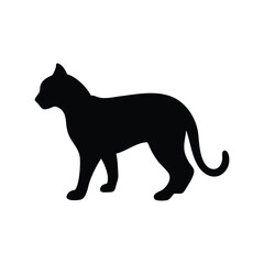 Black silhouette of a domestic cat standing and looking to the side isolated on white background