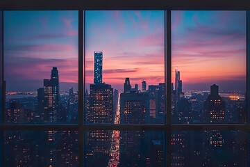 A sleek black metal window frame with large, clear panes of glass, offering a stunning view of the city skyline at twilight 