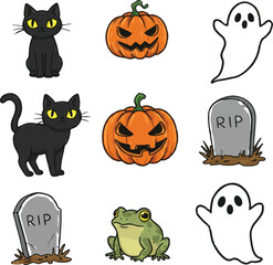 Cute and spooky Halloween cartoon icons hand-drawn style, Adobe Illustrator Artwork