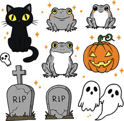 Cute and spooky Halloween cartoon icons hand-drawn style, Adobe Illustrator Artwork