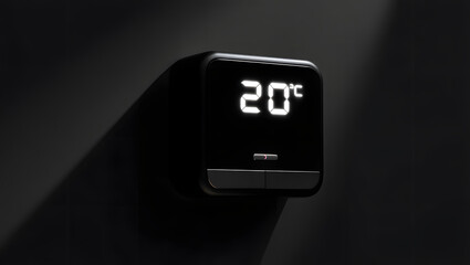 A modern thermostat displaying a temperature of twenty degrees celsius