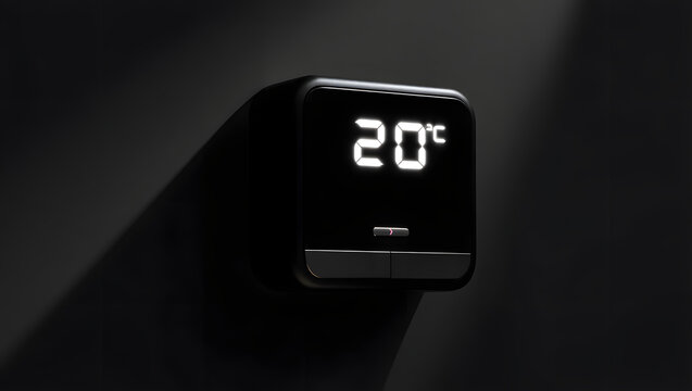 A modern thermostat displaying a temperature of twenty degrees celsius