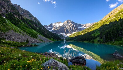 Mountain lake reflecting morning sky