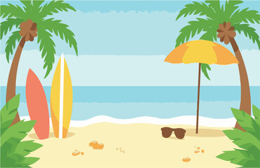 Fototapeta premium Flat Vector Illustration of a Tropical Summer Beach Scene with Palm Trees and Surfboards