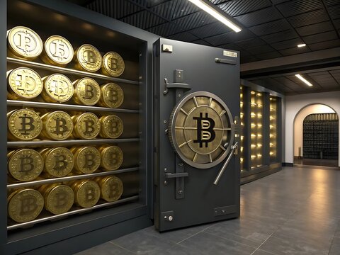 A vault filled with rows of bitcoin coins and a large vault door with a bitcoin symbol on it in a bank ai genrated