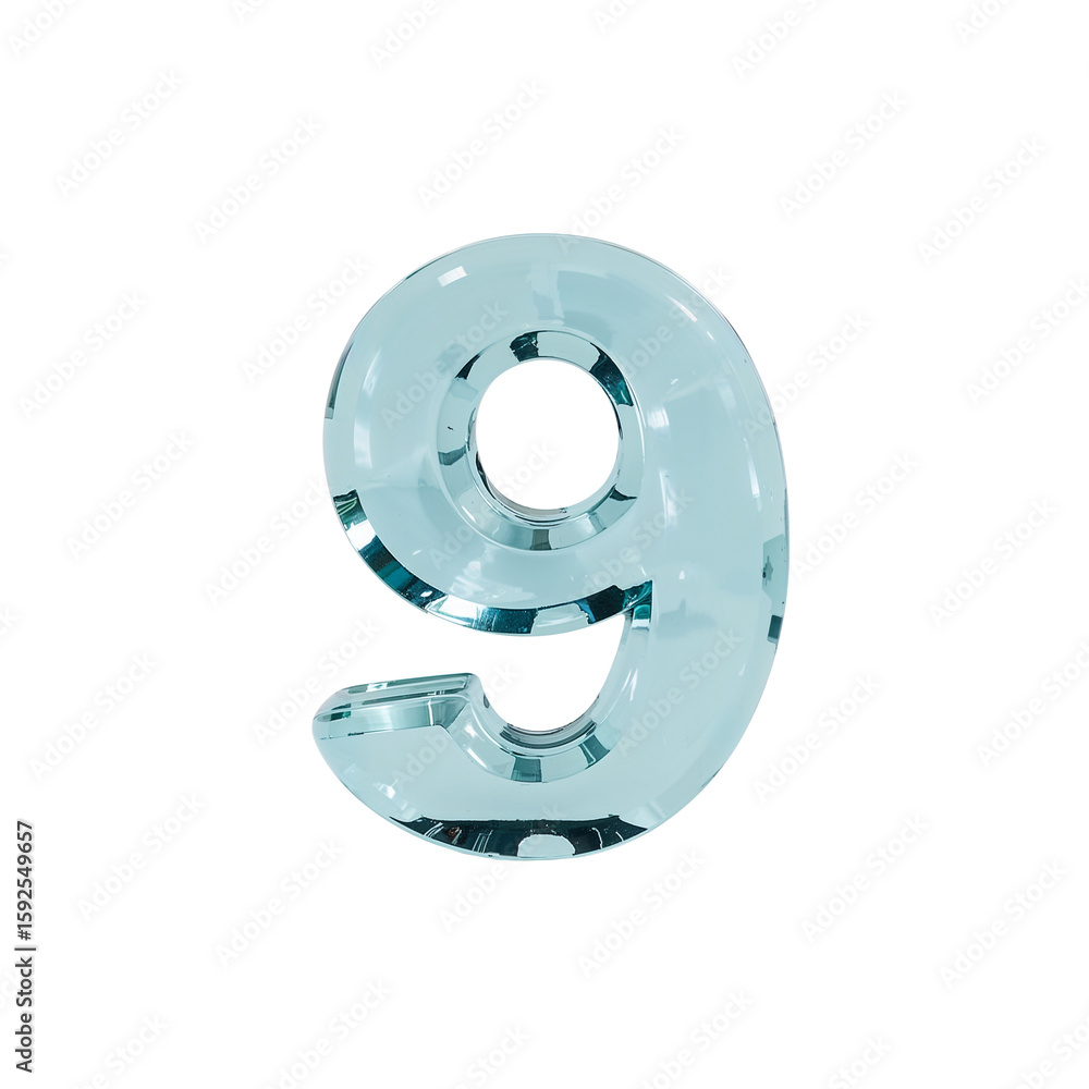 Poster reflective number nine with smooth transparent surface on a plain backdrop