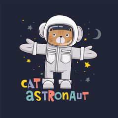 Cute cat astronaut on space background with childish and playful style. Vector illustration for textile, print, wall art or kids room decoration, tee print, cover, mug, stickers and more.