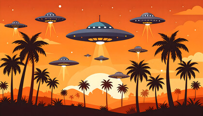 Pixel Art UFOs Over Tropical