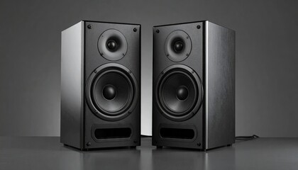 Obraz premium Pair of black speakers on gray background