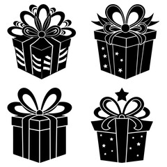 Four black and white gift boxes with bows and decorative patterns in a vector illustration style