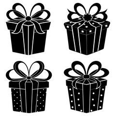 Four black and white gift boxes each with a bow and different patterns on the box surface design