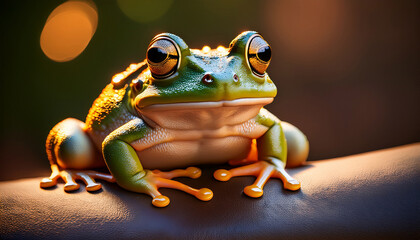 a cute frog with smooth moist skin poses facing forward lit by warm directional front lighting that highlights its rounded form the frog s expressive eyes sparkle while the background remains