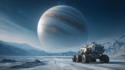 A rover exploring Europa's icy landscape under Jupiter's gaze