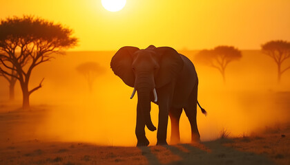 Serene African Elephant Walking Across Golden Savanna at Sunset