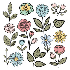 Hand Drawn Floral Set, Cute Colorful Flowers and Leaves Clipart, Botanical Doodle Elements for Spring and Summer Design, Wedding Invitations, Greeting Cards, Scrapbooking, and Decoration