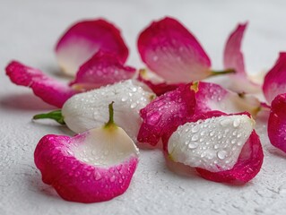 Rose petals with dewdrops on textured surface