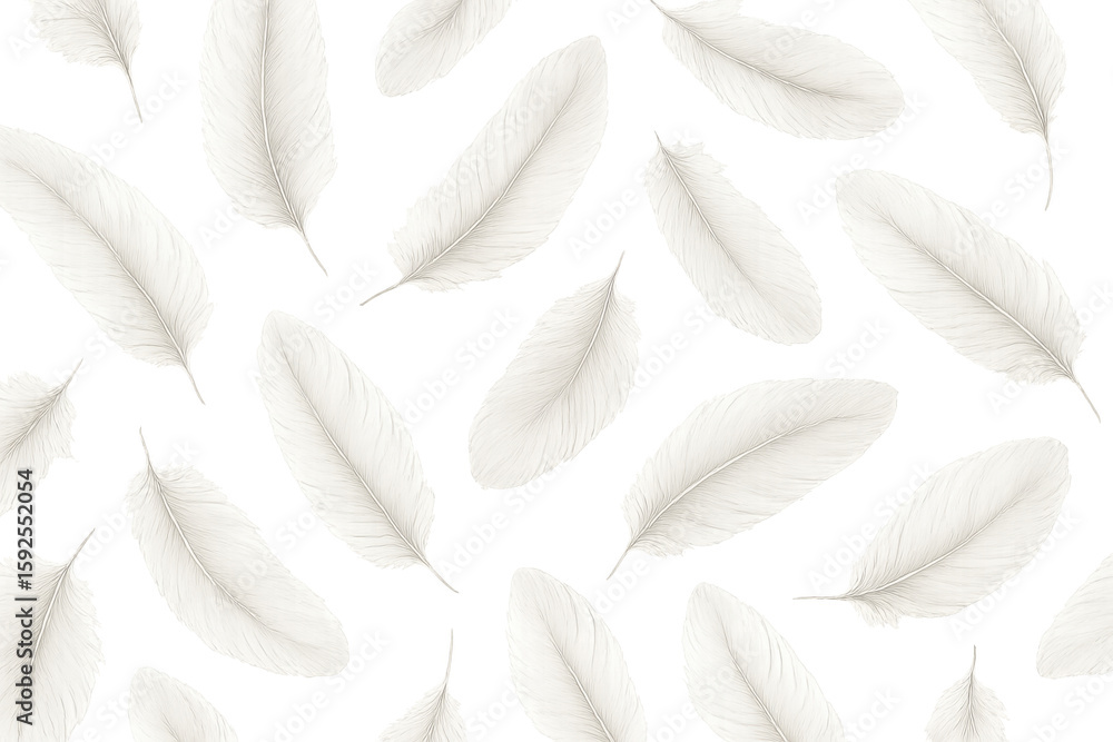Poster white feathers drifting softly against transparent backdrop, forming seamless pattern for graphic de