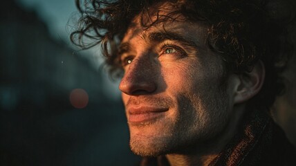 Inspired man looking into the distance with subtle smile, soft side lighting, urban blurred background, photorealistic portrait