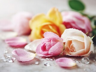 Dew-covered pastel roses on marble surface