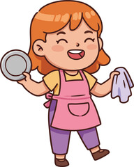 Little girl happily washing dishes with cloth and plate in kitchen daily routine vector illustration 