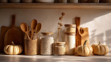 Cozy kitchen scene with wooden utensils and pumpkins on a sunlit shelf