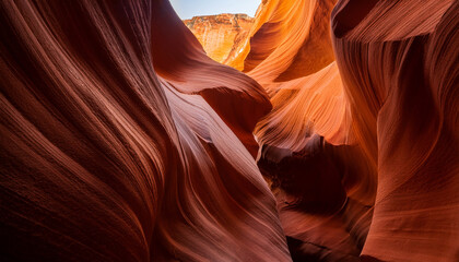 smooth flowing orange and brown sandstone rock formations in a slot canyon illuminated by soft natural light creating warm and curving shapes