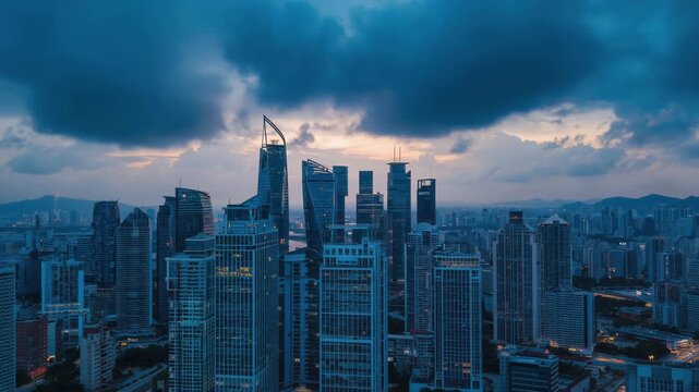 Reverse dolly movement pulling away from horizon as clouds swirl above city skyline