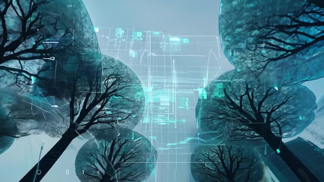 Artificial forest with bare trees illuminated by holographic data projections and neon charts in fog. Concept of synthetic ecosystem and data ecology