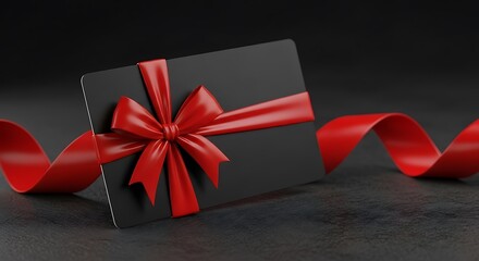 Elegant black gift card tied with a luxurious red satin ribbon bow