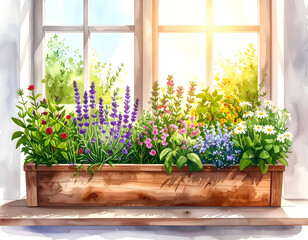 Fresh Herbs in a Rustic Window Box, Watercolor Kitchen Illustration