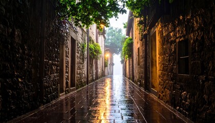 Obraz premium Narrow alleyway in a misty town