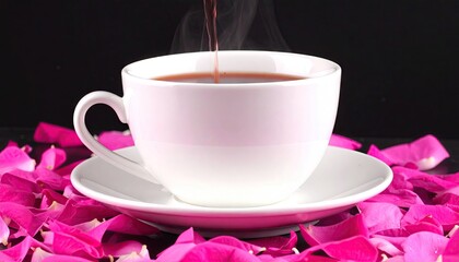 Fototapeta premium Hot beverage poured into a white cup surrounded by rose petals