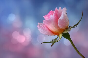 Pink rose with dewdrops dreamy bokeh background