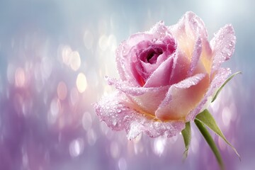 Dew-kissed pink rose on dreamy blurred background