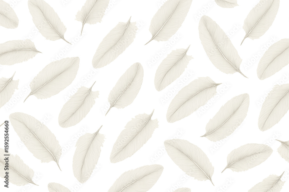 Poster realistic white bird feathers falling creating a seamless pattern on a transparent background, ideal