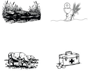 Obraz premium Vector art of an alligator, chalice, cows, and first aid kit isolated on white background
